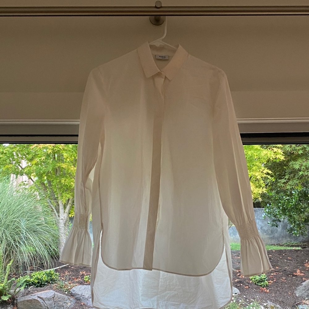 Akris Punto White Poplin Smocked Cuff Blouse (Retail $695)